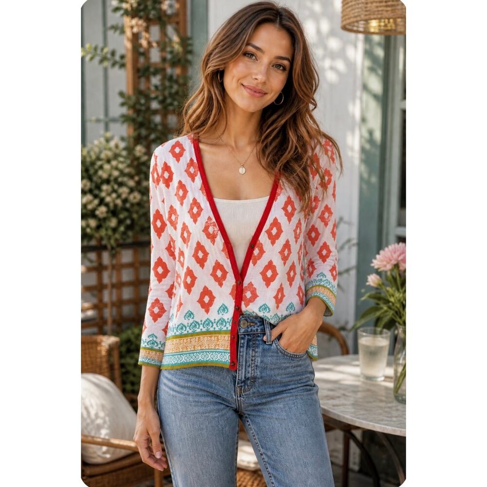 Moth by Anthropologie IKAT bordered Karnali 3/4 sleeve cardigan Size Large